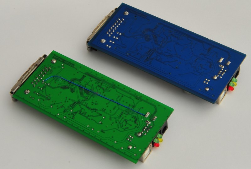 USB AUI Ethernet adapter prototype and final design undersides